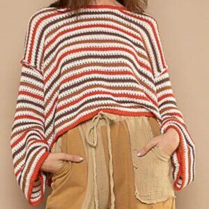 POL Women's Round Neck Striped Knit Sweater Size S Orange Brown Cream Oversized